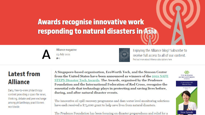 Screenshot of DTech article around recognising innvotive work around disaster response on Alliance Magazine website 